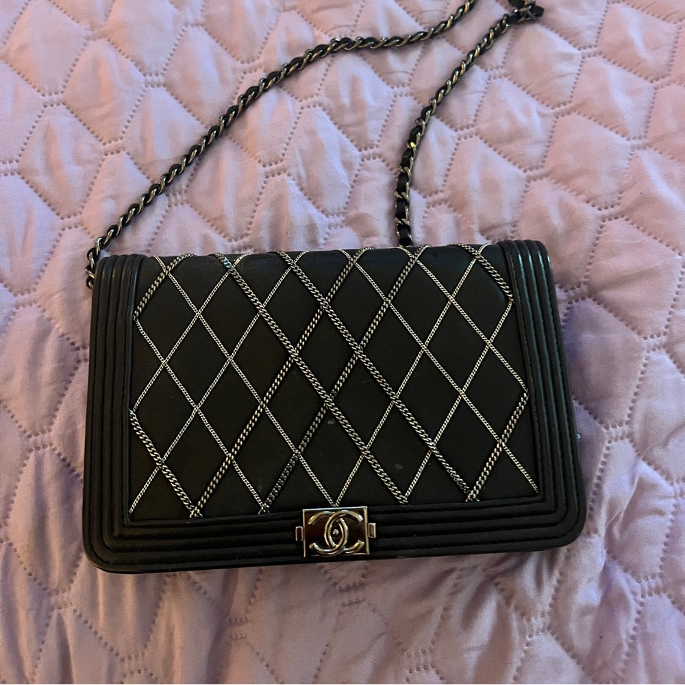 Chanel Boy Wallet on Chain Lambskin Silver Hardware.